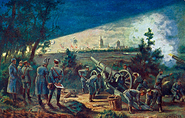 The bombardment of Ypres by German artillery in a postcard of 1915