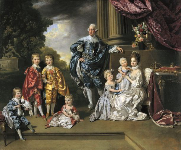 George III, Queen Charlotte and their Six Eldest Children by Zoffany, 1770, dpeicts the royal family in Van Dyckian attire. The Royal Collection, Her Majesty Queen Elizabeth II